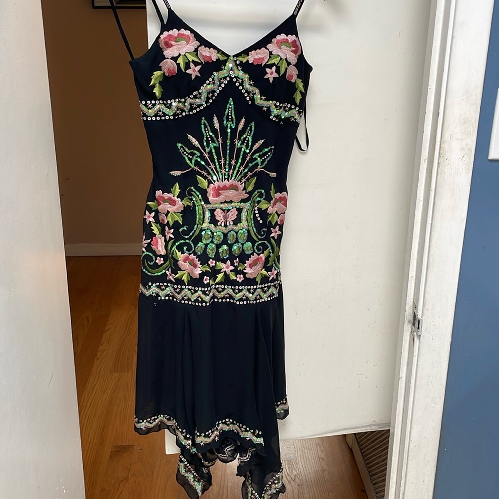 vintage 1990s one of a kind hand beaded dress handkerchief hem size extra small